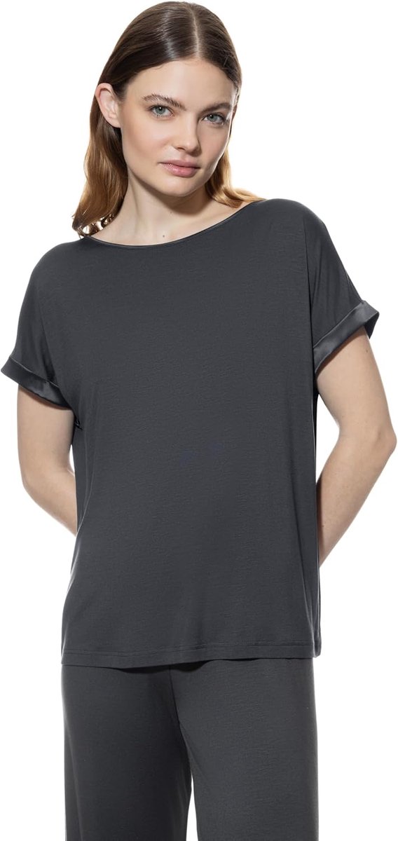Dames T-shirt: casual pasvorm, brede ronde hals, overgesneden mouwen, tijdloos design, satijnen details aan de manchetten, karamel appel, serie Pure Chic
