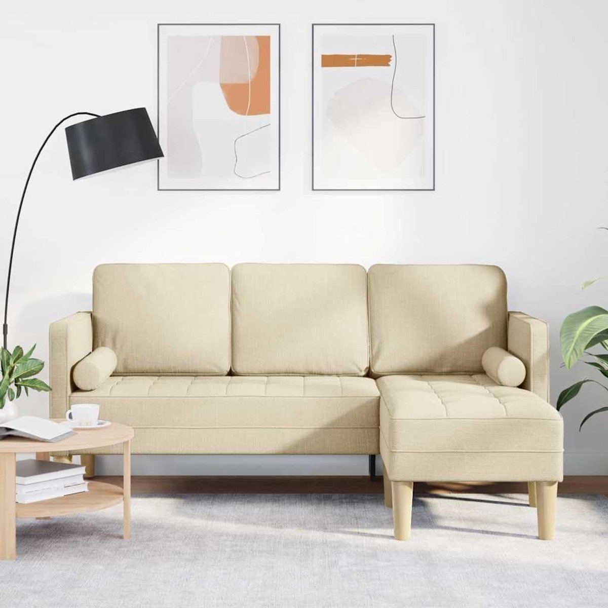 Sofaset met ademende polyesterstof en houten frame, salontafel, 2 kussens in crème, voor flexibele zitoplossingen in moderne woonruimtes
