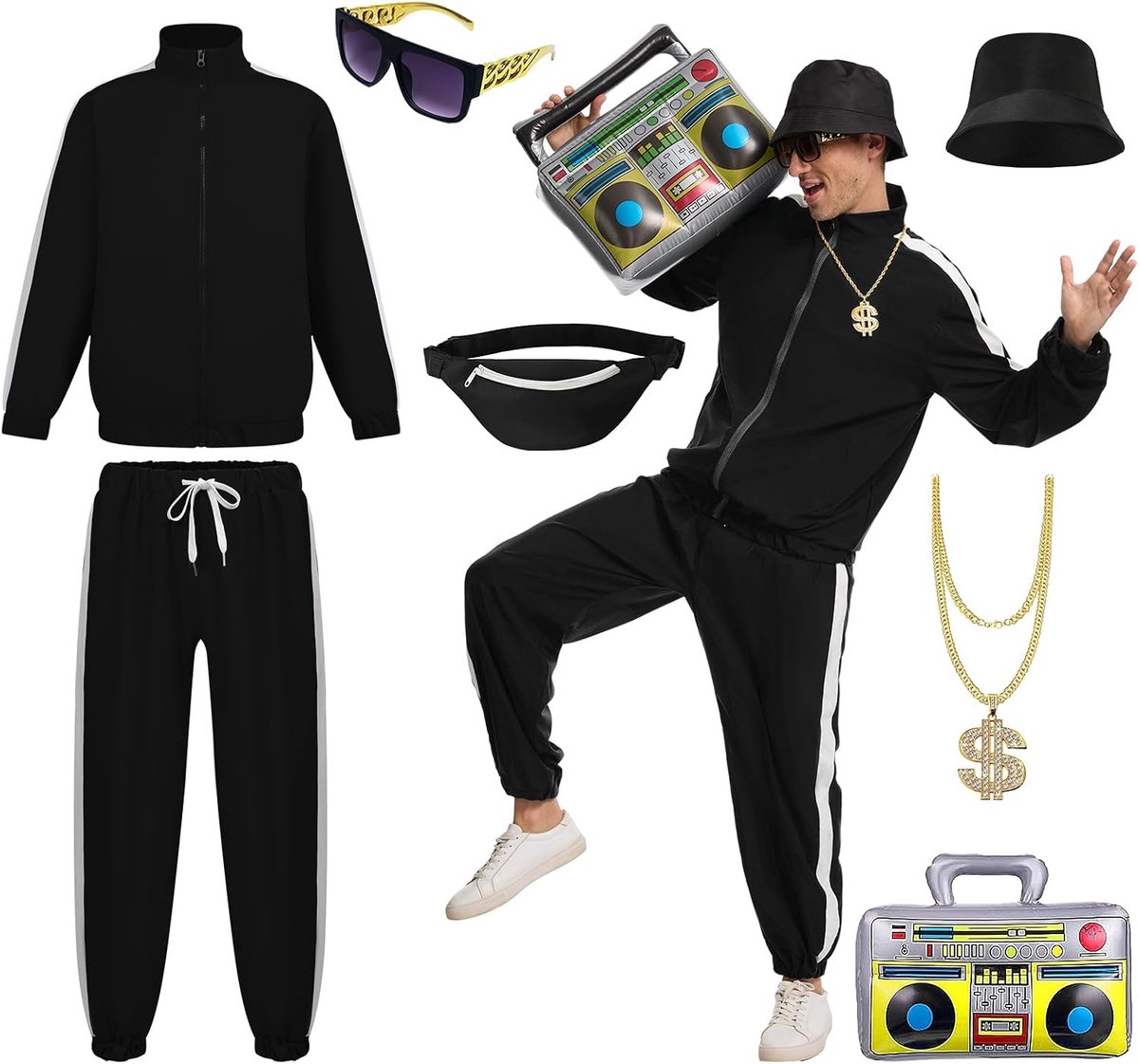 Hiphop-kostuumset voor heren, trainingspak met hoed, bril, gouden dollarketting, heuptasje en boomboxballon, hiphop-outfit voor feest, Halloween, cosplay