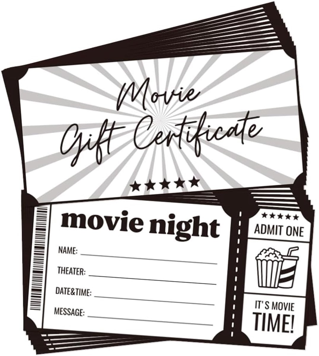 40 stuks blanco cadeaubonnen, zwart-wit, filmmotief, cadeaubonnen, certificaten, bioscooppapier, vouchers, couponkaarten voor individuele klanten, bioscoop, drama, theater, filmclub