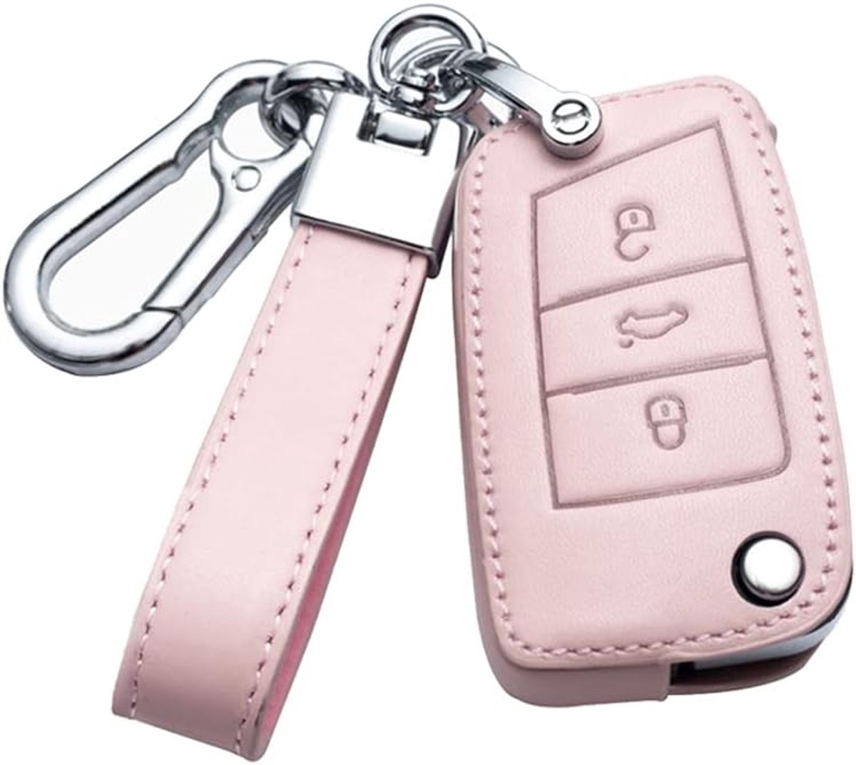 Geschikt voor VW Cases Sleutelhoes Koeienhuid Cover Klapsleutel voor VW Caddy Passat MK4 Skoda Karoq Seat Leon afstandsbediening Sleuteletui Sleutelhanger B Roze