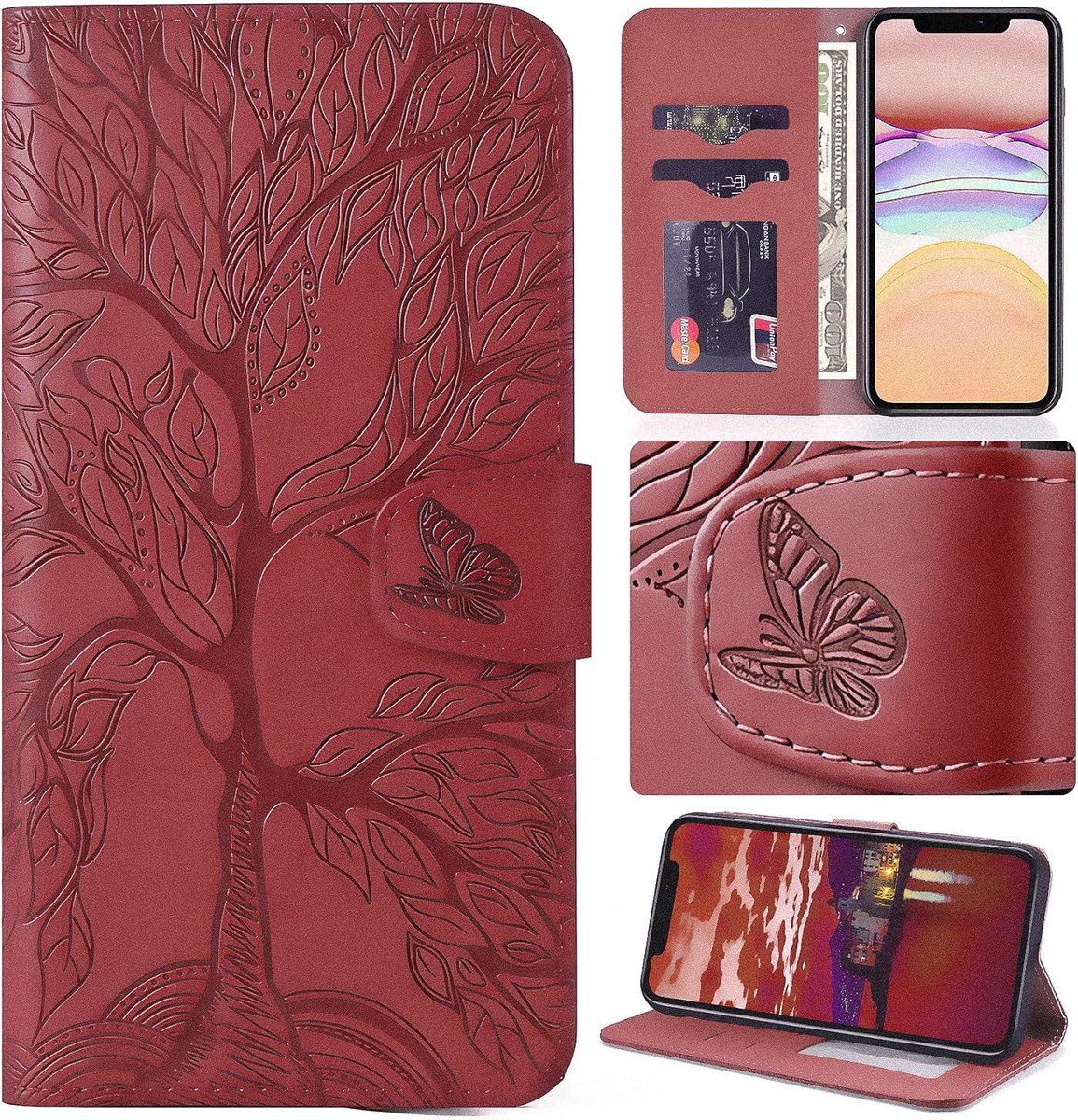 Flip Hoesje voor Samsung Galaxy A52 5G/A52s 5G, Boom Vlinder PU-lederen Klapbare Hoes Telefoonhoesje Portemonnee Hoesje Flip Case Cover met Kaarthouder Standaard Magneetsluiting, Rood