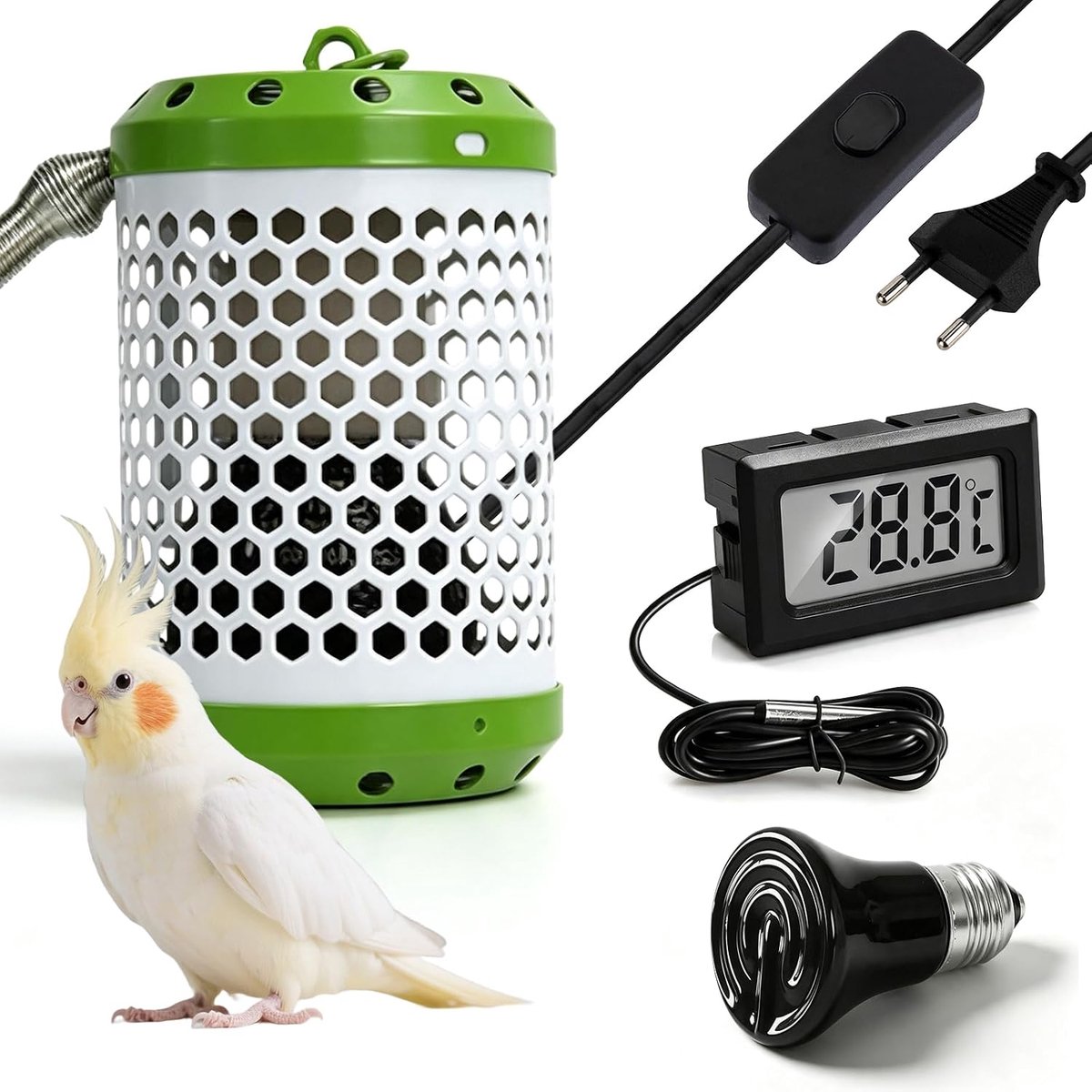 Warmtelamp Beschermmand 100 W, Reptielen Warmtelamp met Beschermmand, E27 Schildpad Warmtelamp met Thermometer en EU-stekker, Schildpad Warmtepot Lamp voor Reptielen, Vogels, Kameleon