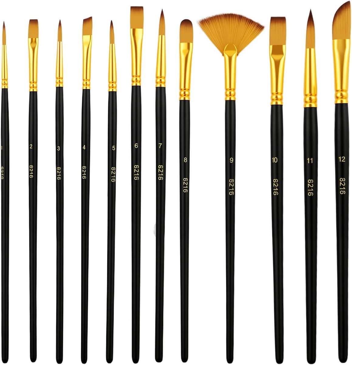 12-delige aquarelpenseel, kunstpenseel, aquarelpenselenset met nylon borstels, houten handvat, zwart, voor aquarel, olieverfschilderij, gouache, beginners, kunstenaars