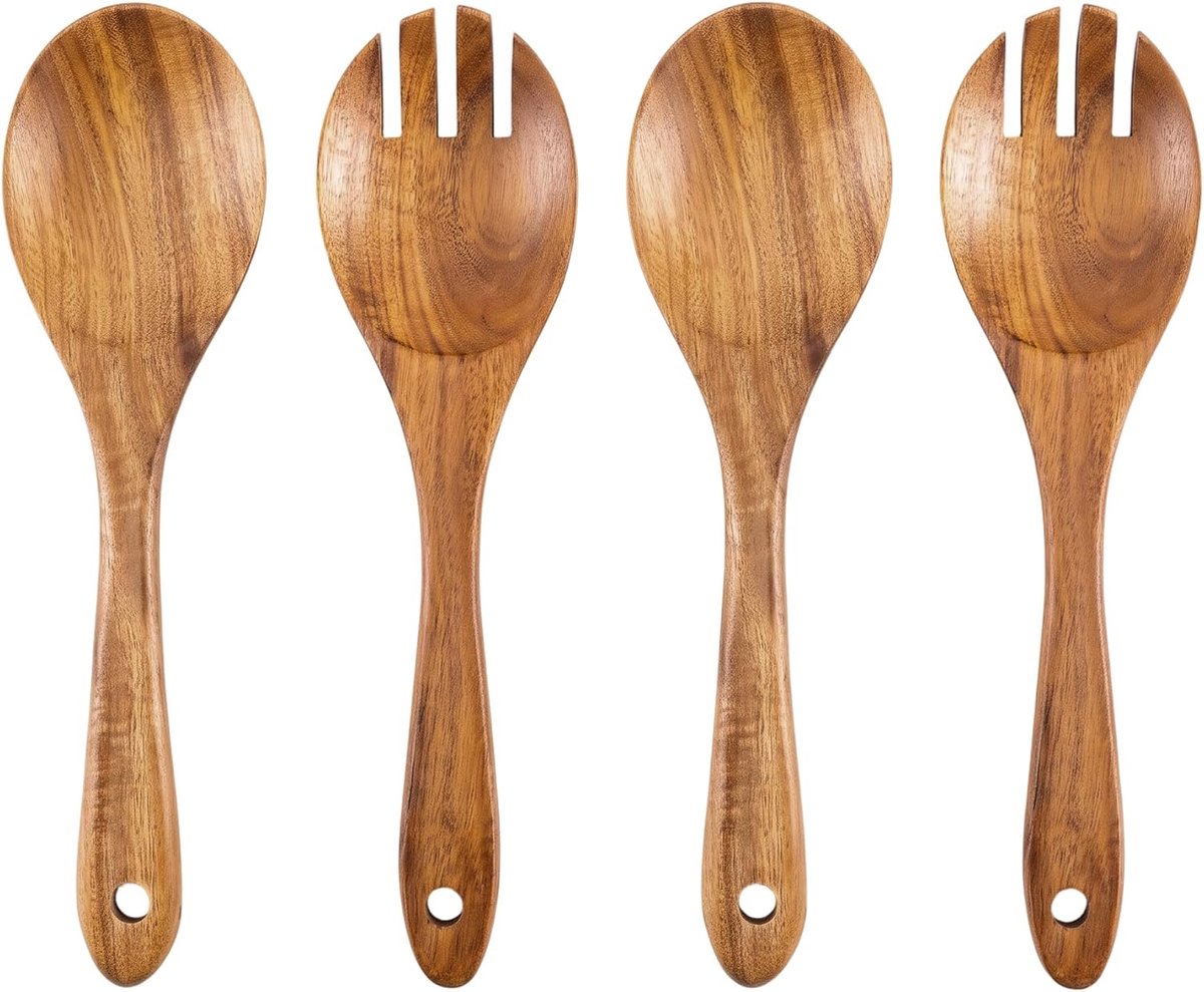 4 stuks slabestek hout, 26 cm lange houten lepel en houten vork, slavork en slalepel, slabestek voor salade, pasta, fruit