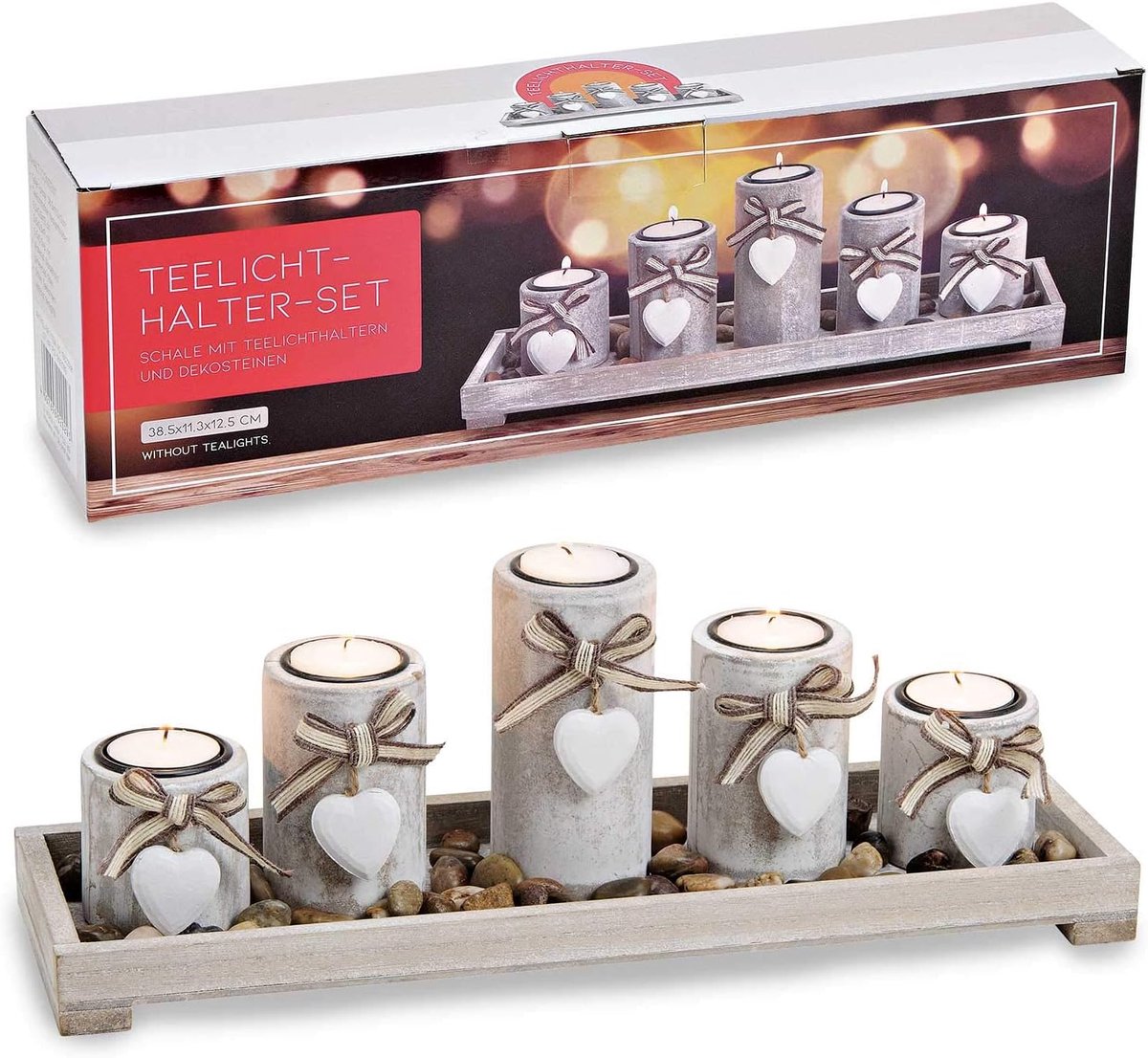 Theelichthouderset (6-delig) op houten dienblad met stenen (B/H/D) 38 x 12 x 11 cm grijs