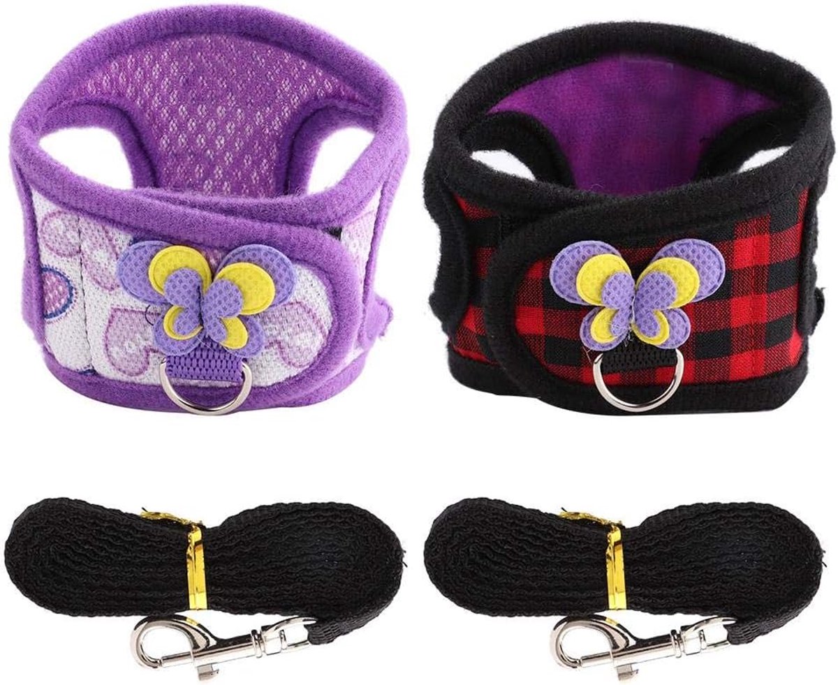 Harnas Set met Vlinder Decoratie, 2 Stuks Wandeltuigje voor Chinchilla, Eekhoorn, Konijn en Cavia, Rood Rooster en Paarse Harten, Maat S, Ontsnappingsvrij en Ademend