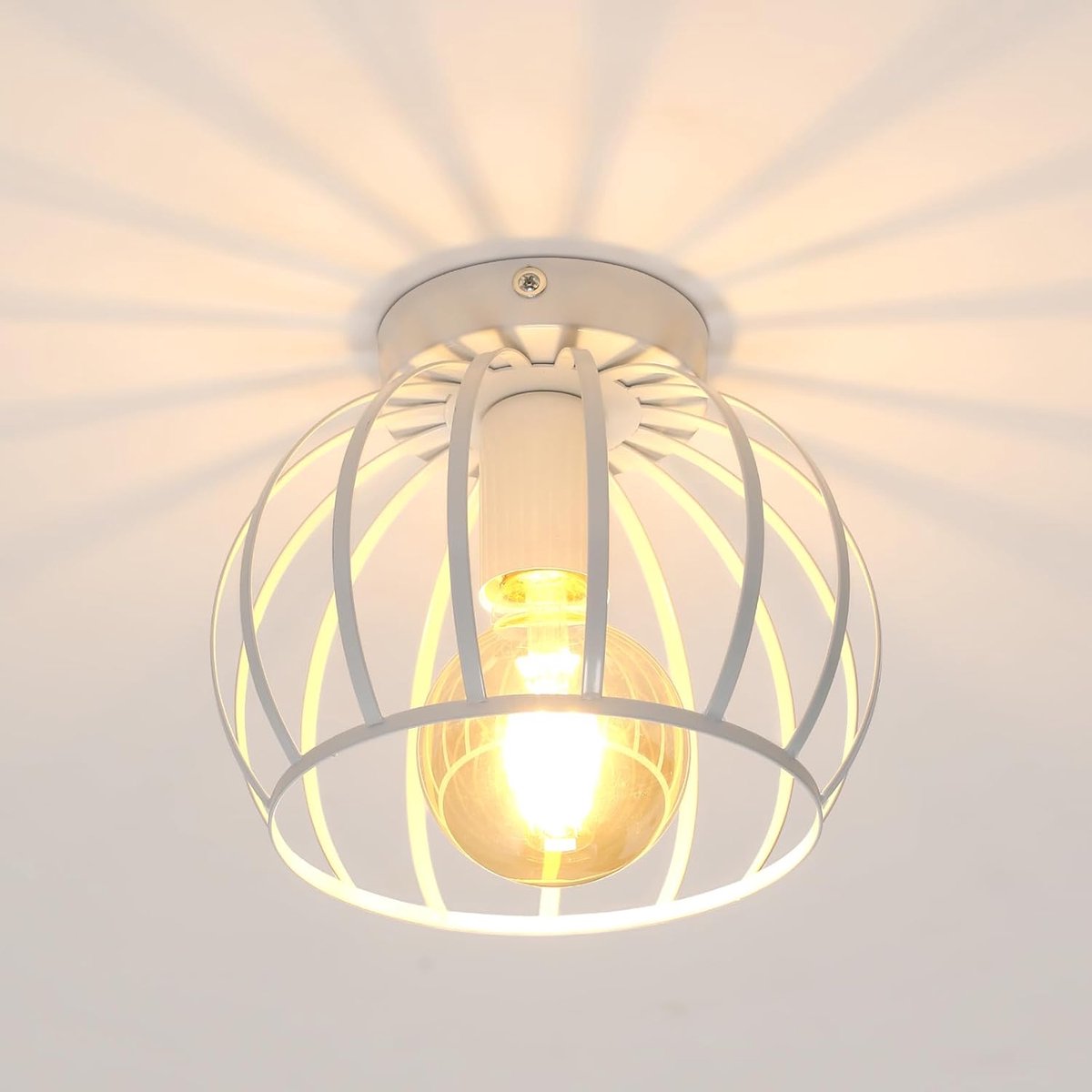 Plafondlamp wit, E27 fitting industriële lampenkap in de vorm van een metalen kooi, plafondlamp hanglamp indoor vintage voor hal, balkon, Ø 19cm(gloeilampen niet inbegrepen)