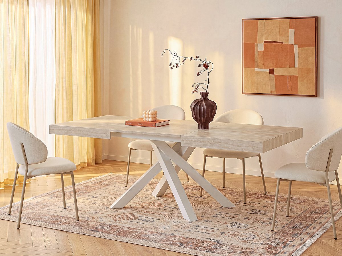 Vente-unique Uitschuifbare eettafel voor 6 tot 10 personen in MDF en metaal - Travertijn effect beige en wit CATONAV