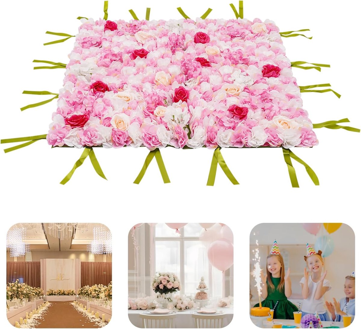 1 x 1 m kunstzijden bloemen, wandbord, bruiloft, feest, fotografie, locatie, kunst, bloemenwand, paneel, straat, achtergrond, doe-het-zelf dahlienroos, hortensia's met praktische banden, groen + wit +