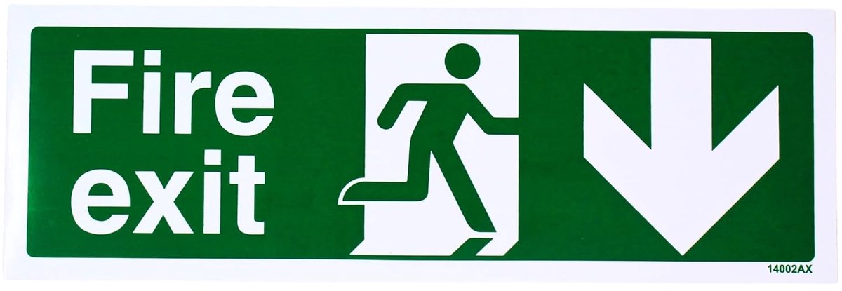 "Fire Exit Arrow Down" Sign, Zelfklevende Vinyl, Landschap, 300 mm x 100 mm, Groen