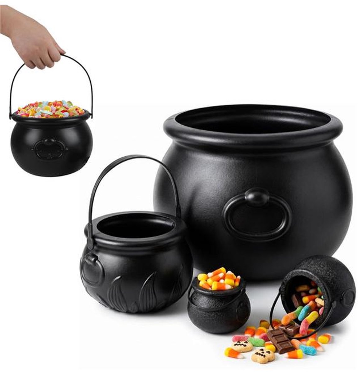 KZQ Halloween snoeppot - Snoepemmer - Plastic pot/emmer met handvat - Stapelbaar - 4 stuks (20 cm, 14 cm, 7 cm) - Perfect voor snoepcadeautjes met Halloween - Zwart
