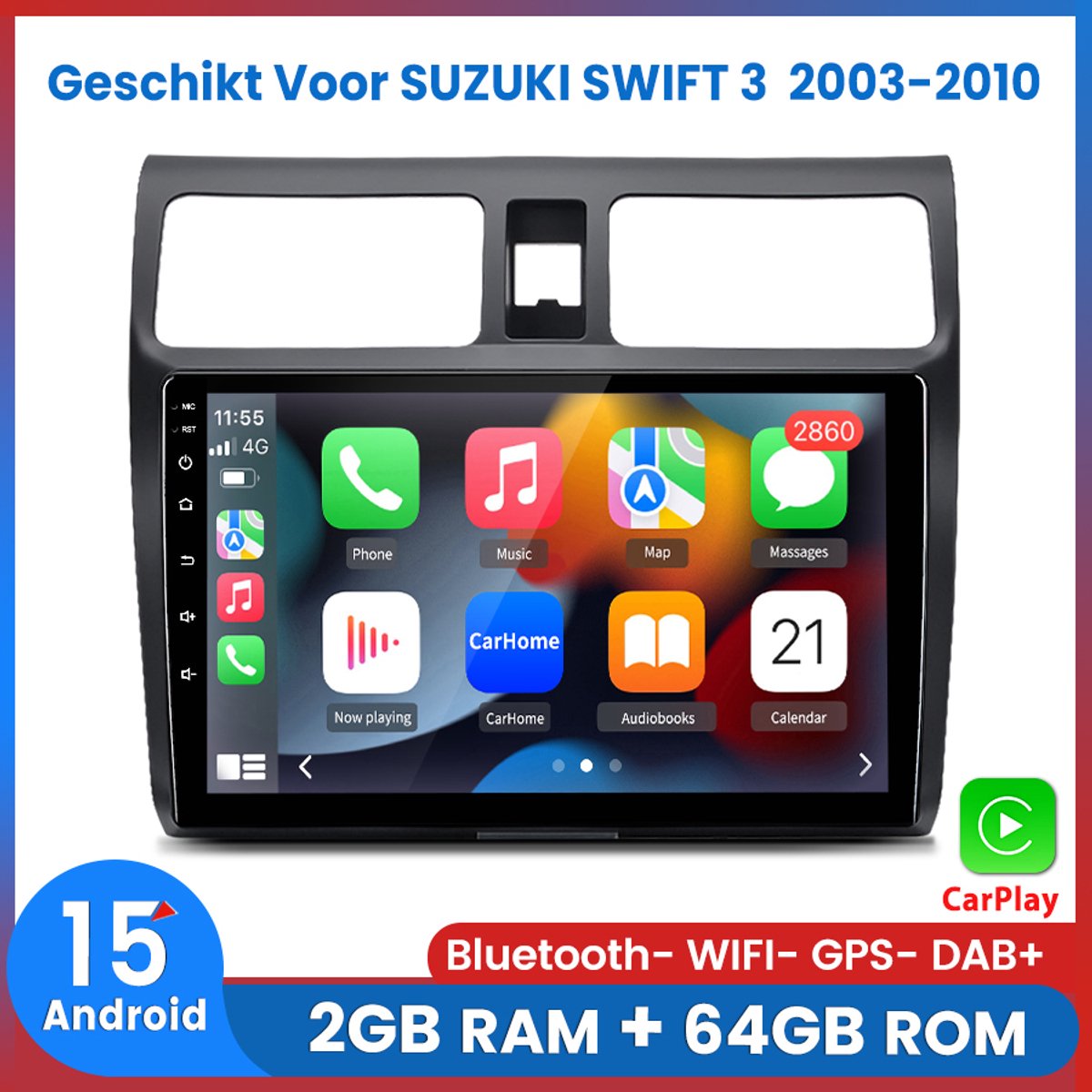Awesafe Autoradio - Geschikt voor SUZUKI SWIFT 3 2003 t/m 2010 - Draadloos Apple CarPlay & Android Auto - Ram 2GB + Rom 64GB - Android 15 Systeem - 4 Core 10.1 inch Radio Scherm - GPS Navigatie Bluetooth WiFi - 2003 2004 2005 2006 2007 2008 2009 2010