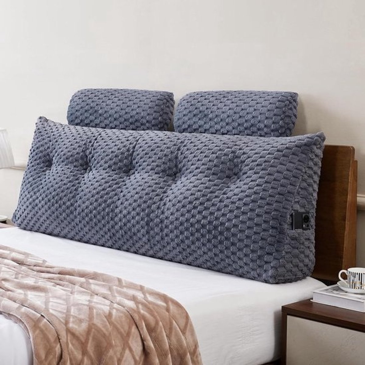 Wighoofdkussen - wigvormig kussen voor op bed, driehoekig hoofdkussen met nekrolkussen, groot steunkussen om in bed te zitten, rugleuning en positioneringsondersteuning (grijs, 137 x 20 x 50 cm)