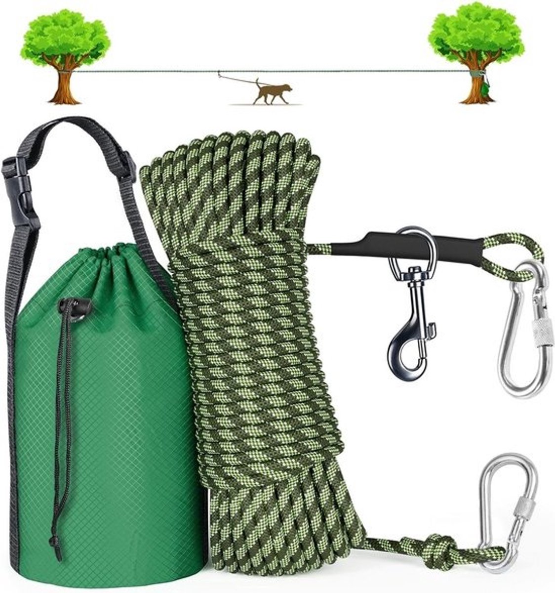 Honden Riem - Rope Leash - Kamperen Buiten - 360 Graden Clip - 15 Meter - Groen