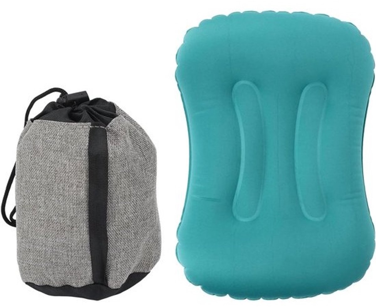Opblaasbaar Kussen - Kampeerkussen Backpackkussen - Comfortabel Reizen - Ergonomische Boogvorm - 15 x 11 cm - Pauw Blauw