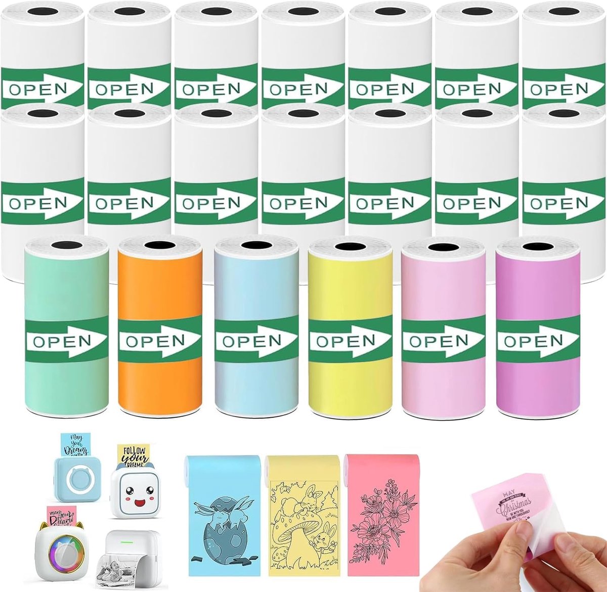 Thermisch papier, 20 rollen, mini-printerpapier, zelfklevend, printpapier, thermisch papier voor kindercamera, rollen navuldrukpapier, onmiddellijke printcamera, voor mobiele fotoprinter