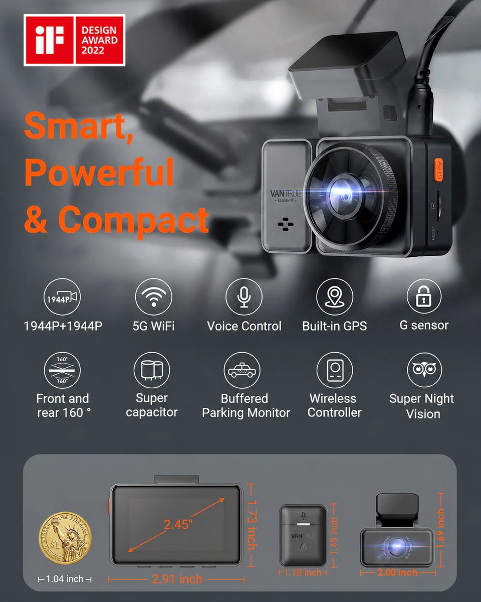 VANTRUE E2 1944P+1944P Dashcam Auto 5GHz WiFi GPS, Draadloze en Spraakgestuurde Dashcam Voor Achter, WDR-nachtzicht, Buffer Parkeermodus Autocamera, 2,45 Inch Lusopname G-sensor, Max. 512GB thumbnail 5