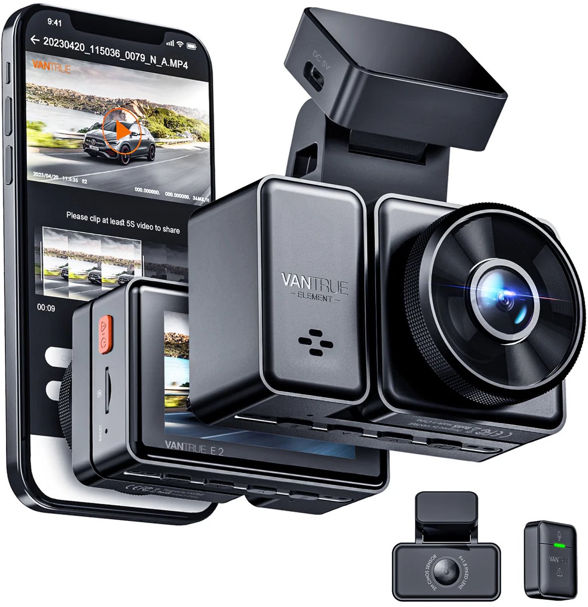 VANTRUE E2 1944P+1944P Dashcam Auto 5GHz WiFi GPS, Draadloze en Spraakgestuurde Dashcam Voor Achter, WDR-nachtzicht, Buffer Parkeermodus Autocamera, 2,45 Inch Lusopname G-sensor, Max. 512GB thumbnail 2