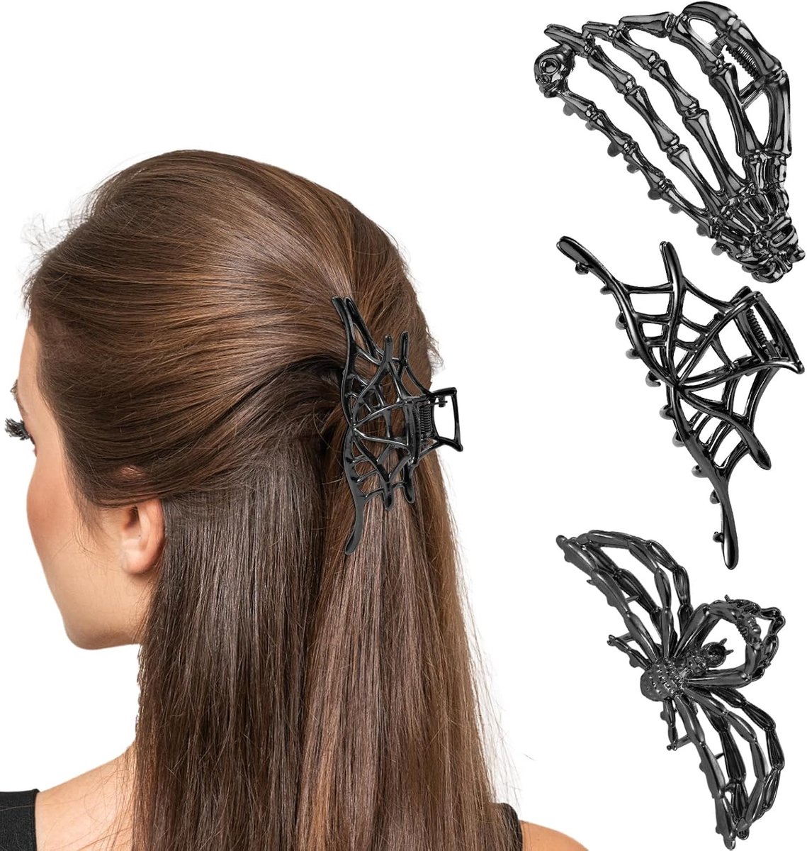 3st Halloween Haarclips, Claw Clips voor Vrouwen Skelet Hand Spider Web Spider Gothic Hand Schedel Barrettes Haar Styling Accessoires voor Halloween Cosplay Geschenken (Gun Black)