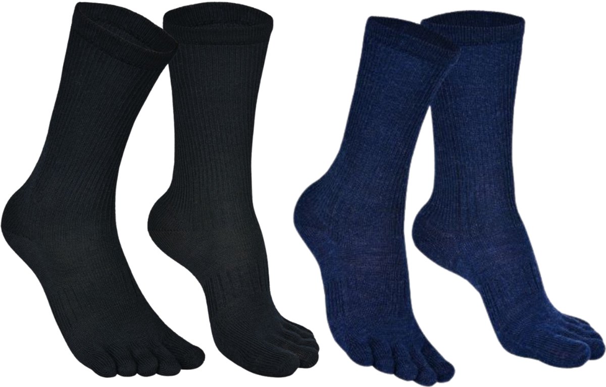 Norfolk - 2 Paar - 56% Merino wol Teensokken - Antiblaren - Temperatuurregulatie - Wandelsokken - Sokken Heren - Maat 43-46 - Zwart/Blauw - Bruges