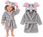 Kinder- en peuterbadjas met capuchon en zakken – olifant design – grijze flanellen badjas voor meisjes – maat 86/92 (1,5-2 jaar)