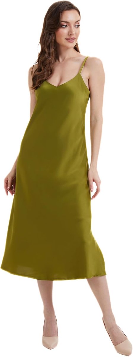 Satijnen slip jurk voor dames, spaghettibandjes, midi-lengte, V-hals, zijsplit, casual, party, sexy avondjurk, lang