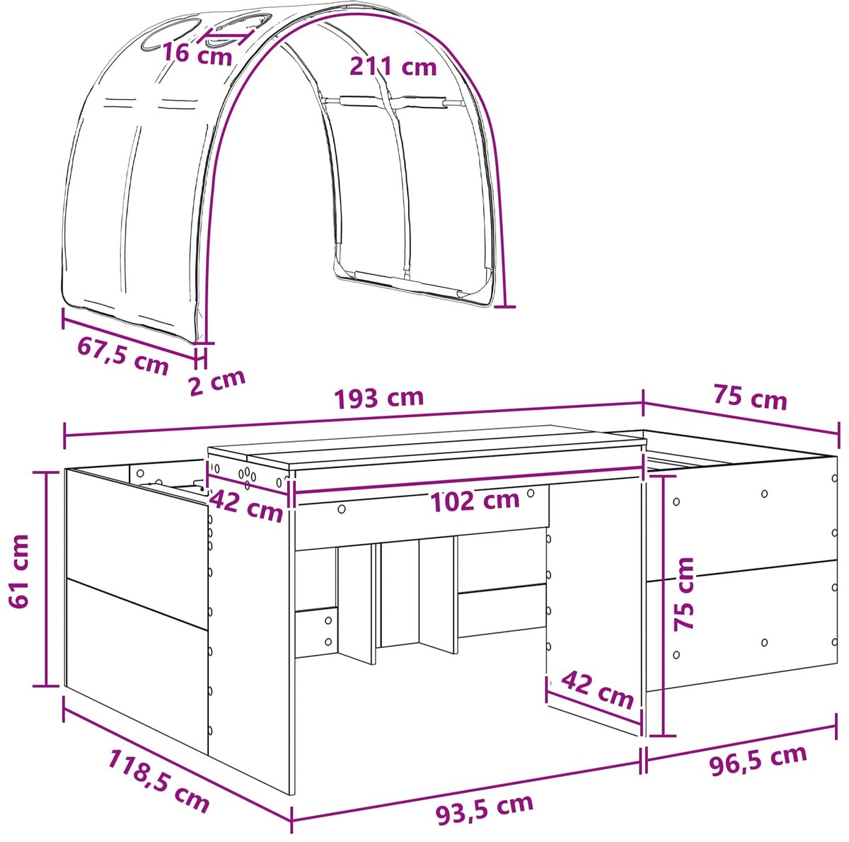 vidaXL Bed - met - Tunnel - 3 - st - Artisian - Eik - en - Rood - Bewerkt - hout Artisian eik en rood