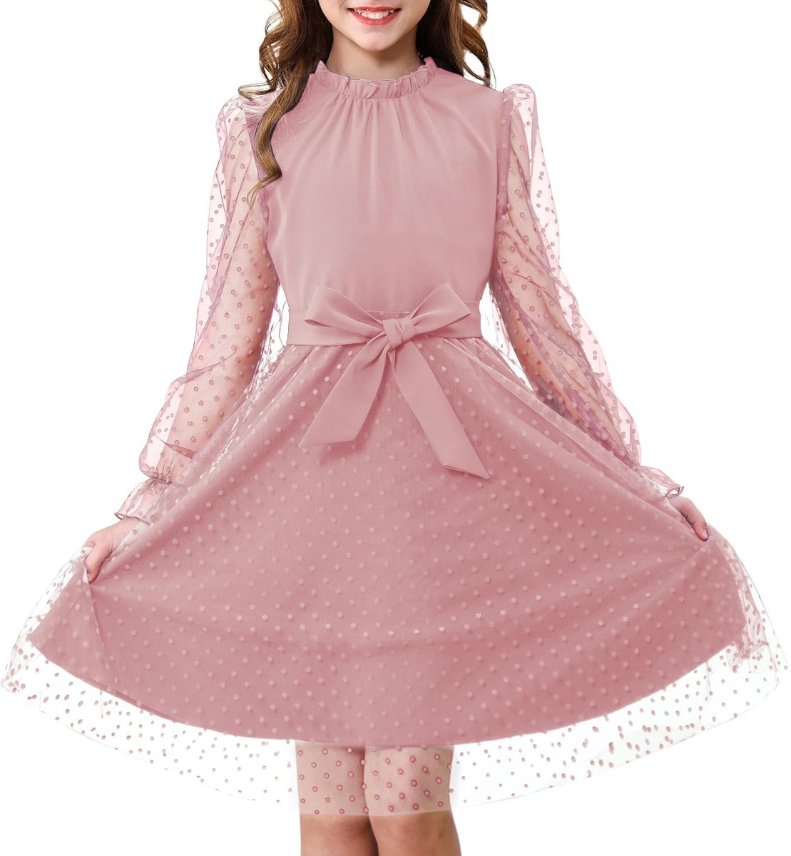Jurk met lange mouwen voor meisjes, hoge taille met riem, A-lijn, volant-hals, contrasterende mesh, prinsessenjurk voor feestjes van tule