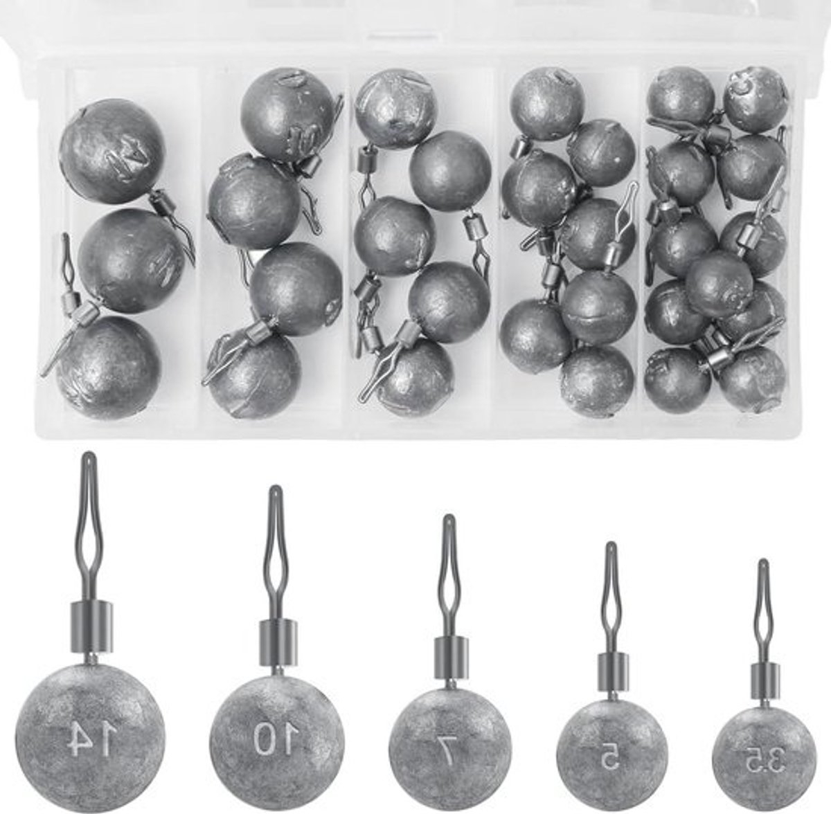 Visloodjes Set - Zinkloodjes Rond - Vissen Zonder Klitten - Roller Swivel Ontwerp - 30 Stuks 5 Maten - Zilver