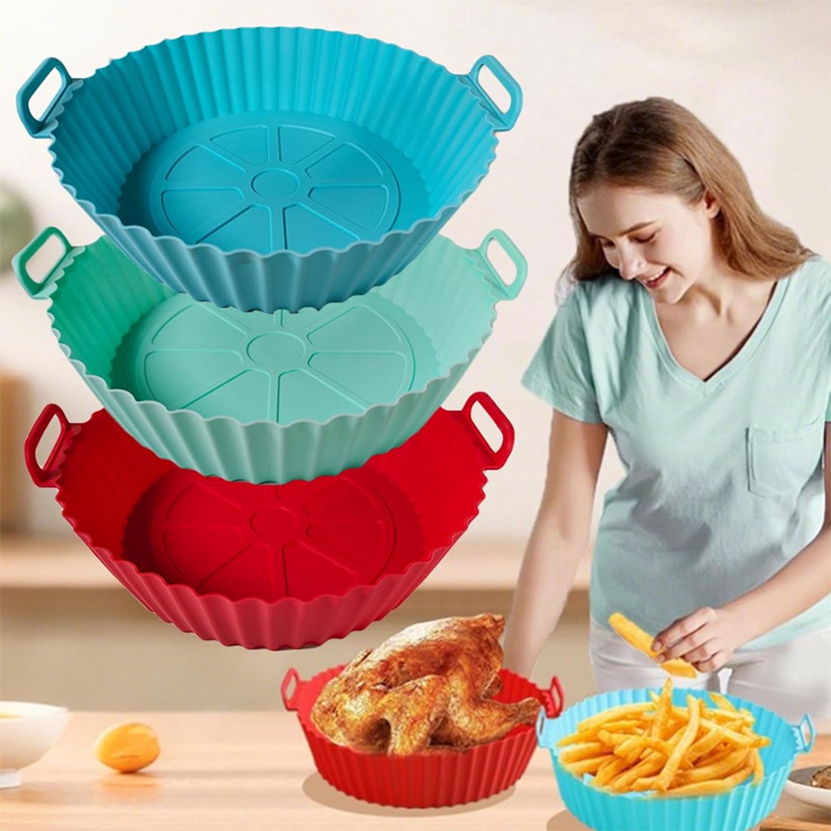 Siliconen binnenpan voor airfryer - 3-delige set - Siliconen bakvorm voor airfryer - Herbruikbaar - Antiaanbaklaag - Hittebestendig - BPA-vrij - Vaatwasmachinebestendig - Veilig materiaal - 20 x 5 cm - Binnendiameter 17 cm - Blauw + Rood + Mintgroen