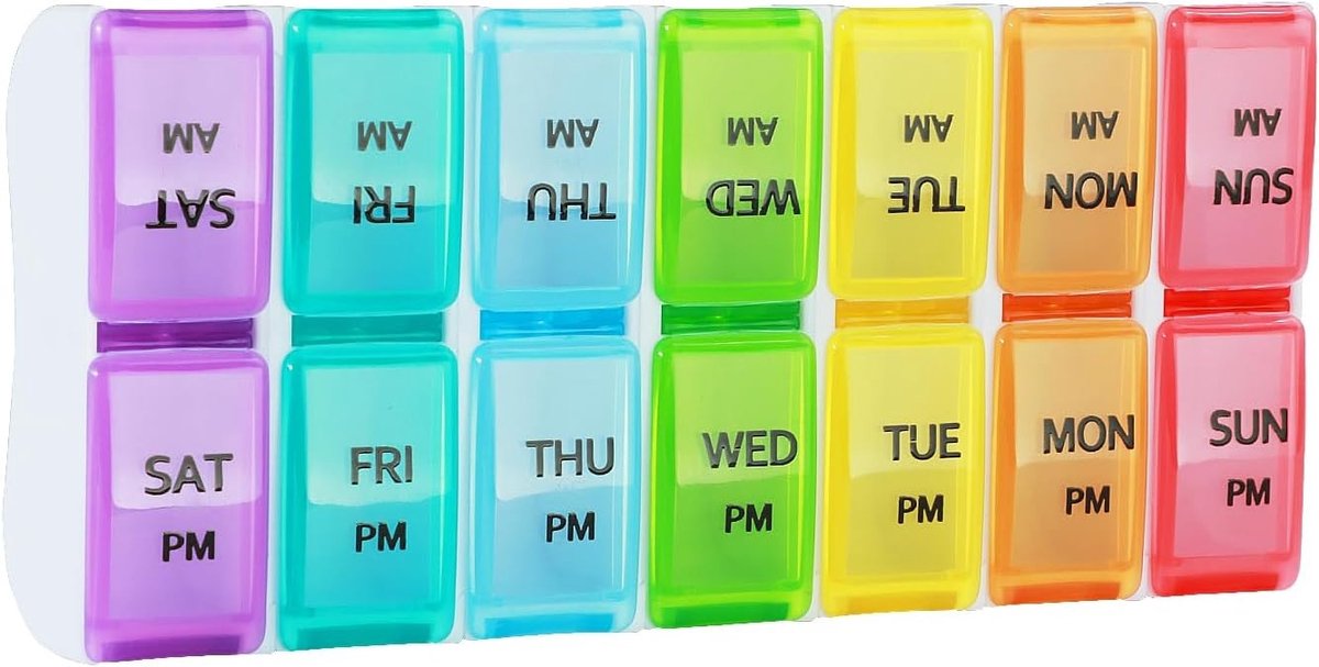 7 Dagen Pillendoos met 14 Compartimenten voor Vitaminen, Visolie en Medicijnen - Ochtend en Avond Gebruik, Verwijderbare Indeling in Meerdere Kleuren