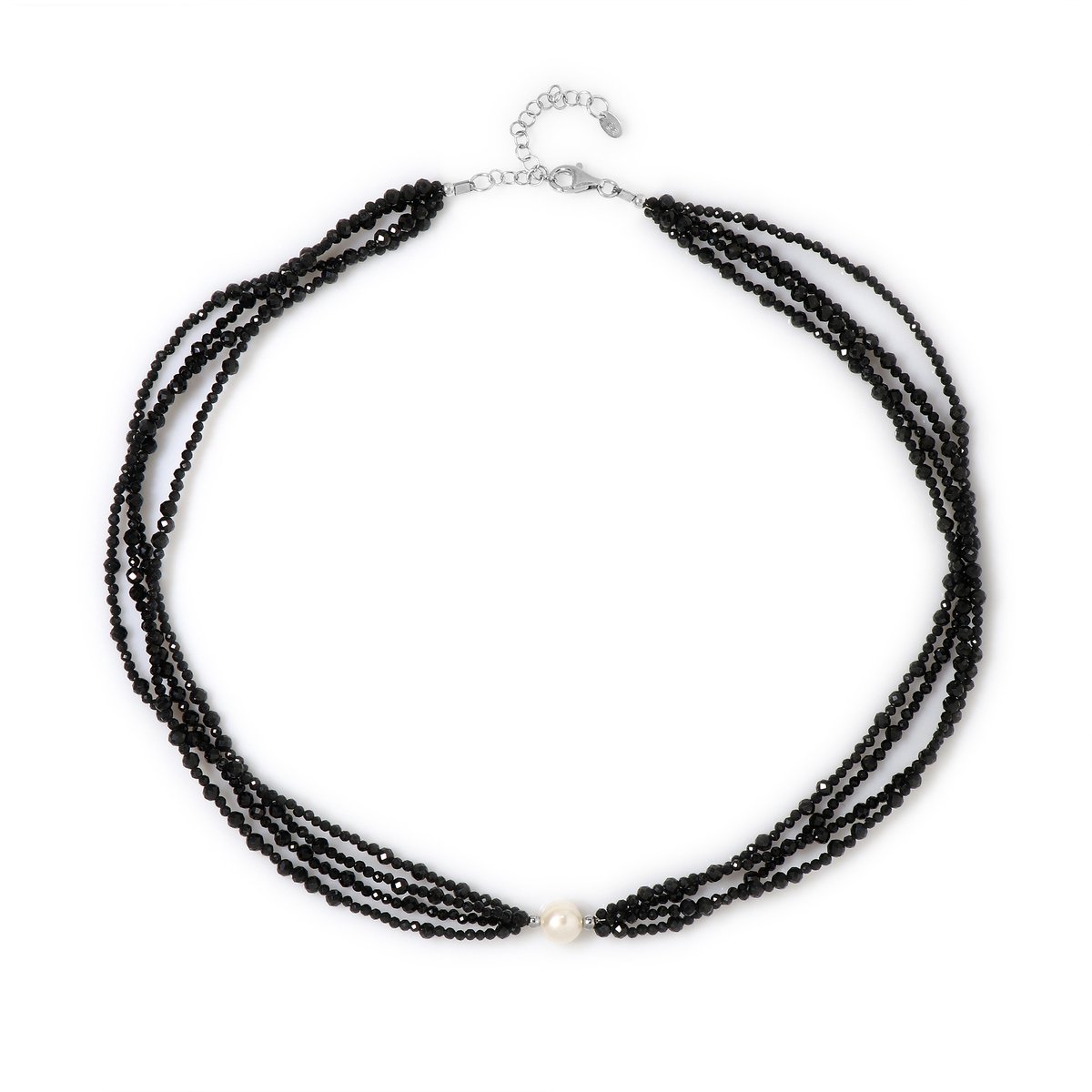 Cavill - Zilveren Ketting 925 Sterling - Witte Zoetwaterkweekparel Fancy Geslepen 8mm - Zwarte Spinel 0,796 ct - Elegante Damesketting Gerhodineerd