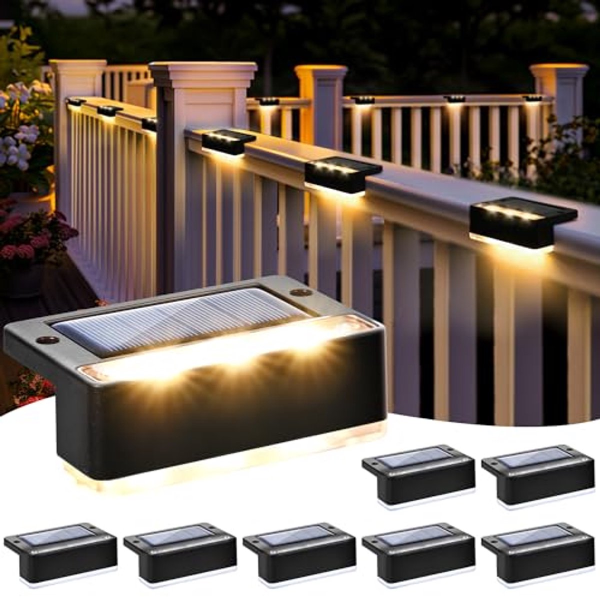 Solar Hekverlichting Set van 8 – LED Trapverlichting – Waterdicht – Voor Trap, Hek, Tuin en Terras – Warm Wit/Zwart