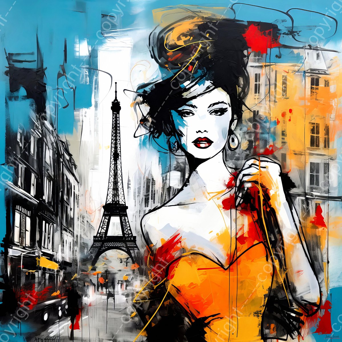 John Joseb Art (Aluminium) 100x100 | Vrouw in Parijs, Eiffeltoren, abstract, graffiti stijl, kleurrijk, kunst, woonkamer - slaapkamer | Frankrijk, vierkant, Herman Brood, oranje, rood, blauw, modern | Foto-Schilderij print op Dibond