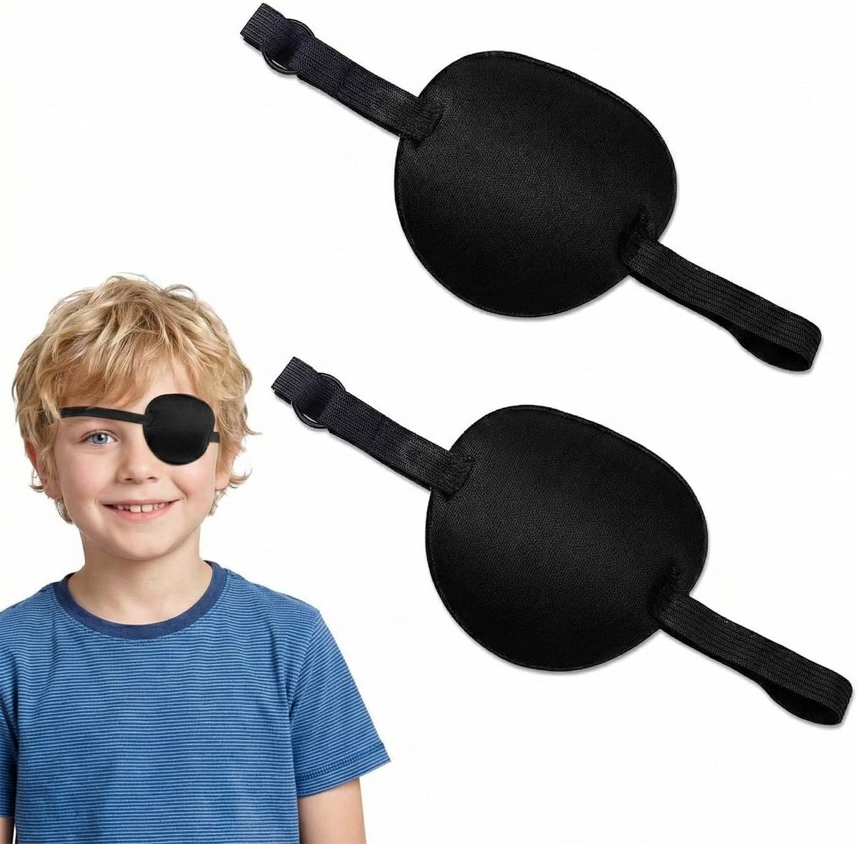 2 zwarte medische oogpads voor volwassenen en kinderen, 3D-oogklep, verstelbaar, voor het rechter- of linkeroog, oogklep voor piratenkostuum