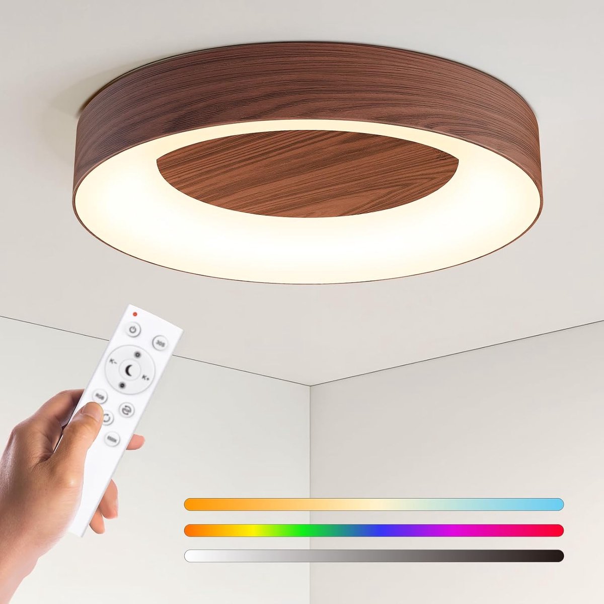 24W LED-plafondlamp RGB met afstandsbediening, imitatie notenhout