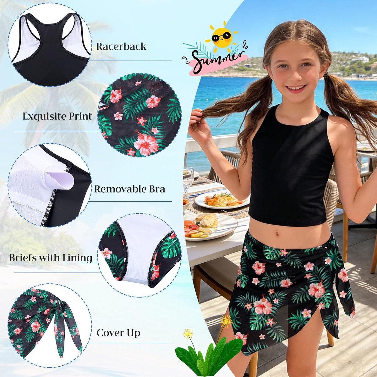 Zwemkostuum voor meisjes, 3-delig meisjesbikini, zomer, Hawaii-prints, zwempak, tankini voor kinderen, met bedekkende badpakken, vakantie, surfen, voor 8-14 jaar