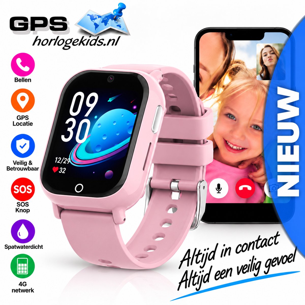 GPSHorlogeKids© - smartwatch kinderen - GPS horloge kind – kleinste model 2025 – kinder smartwatch - 4G videobellen - spatwaterdicht - SOS alarm - incl. SIM - PAX Roze
