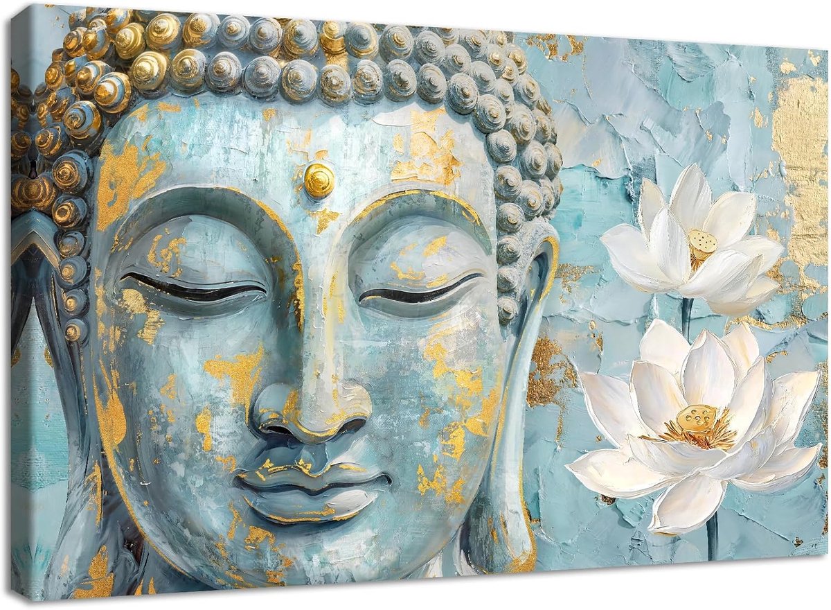 lijst, print op canvas, blauwe Boeddha, poster, wanddecoratie, lotusbloemen, afbeelding op canvas, spirituele meditatie, zen, wanddecoratie, woonkamer, slaapkamer, 40 x 60 cm