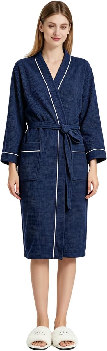 Badjas, katoen, dames en heren, wafelpiqué, ochtendjas, licht, behaaglijk, kimono, huisjas, lang, voor spa, huis en hotel