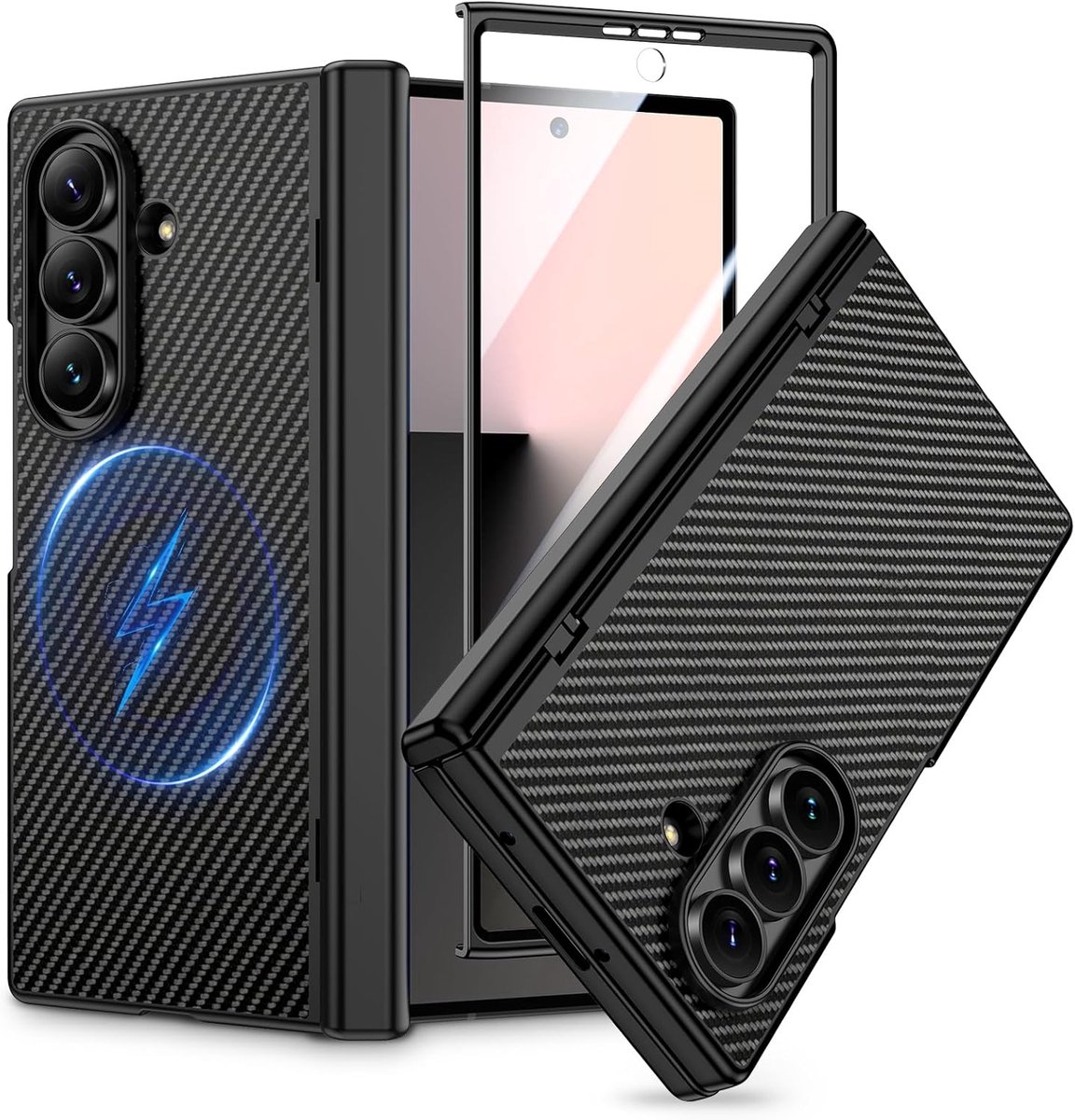 Hoesje voor Galaxy Z Fold 7, magnetische slanke PU-lederen beschermhoes voor Samsung Z Fold 7 5G [scharnierbescherming] - koolstofvezel zwart