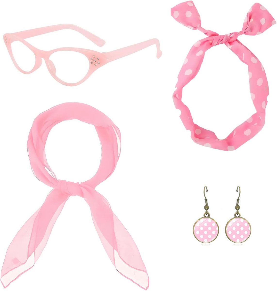50s kostuumaccessoires, roze verkleedkleding voor dames, bril, polka dot bandana stropdas hoofdband oorbellen, vintage polkadot-accessoires voor vrouwen dames jaren 50 retro feestdecoratie
