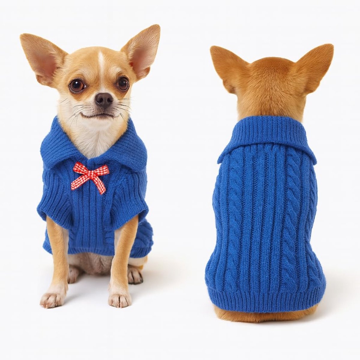 Trui voor kleine honden, gebreide trui voor puppy's, katten, met revers, strik, hondjes, herfst, winter, warme jas, outfit voor honden, jongen, meisje (blauw, L)