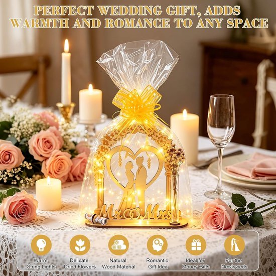 Geschenkdoos voor bruiloft van hout, geldgeschenk voor bruiloften, romantische decoratie voor koppels, met led-lichtketting, gedroogde bloemen, bankbiljettenhouder, origineel cadeau voor bruiloft — afbeelding 3