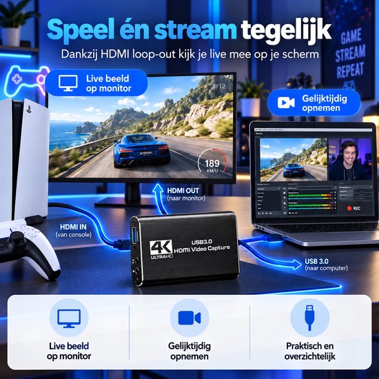 Zwarte 4K HDMI video capture kaart, verbonden tussen een console en een laptop, die een racespel weergeven. Bevat "Speel én stream tegelijk".