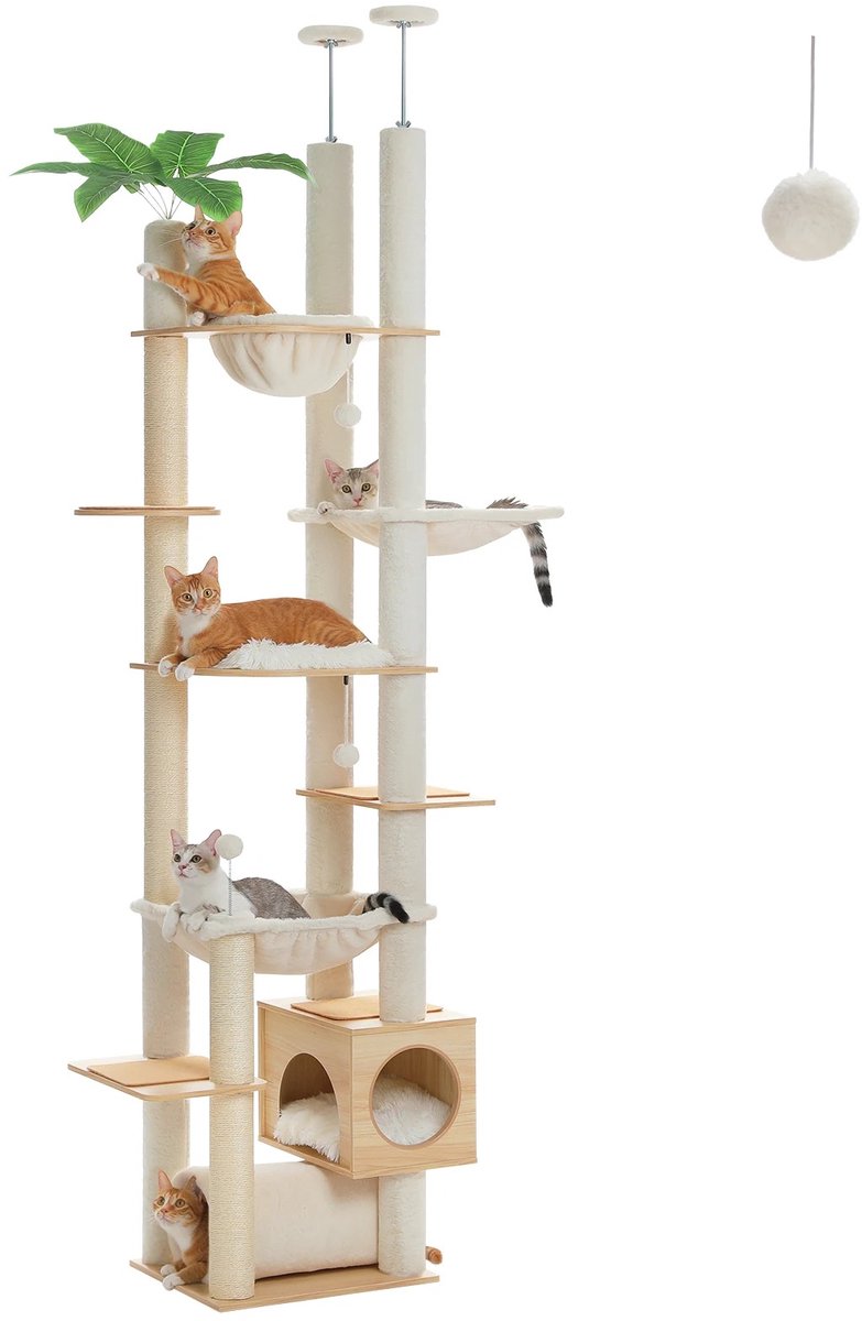 Chelsey-store - Krabpaal XL - Grote hangmat - 7 niveaus - Zes krabpalen - Verstelbare hoogte tot 256 cm - Beige