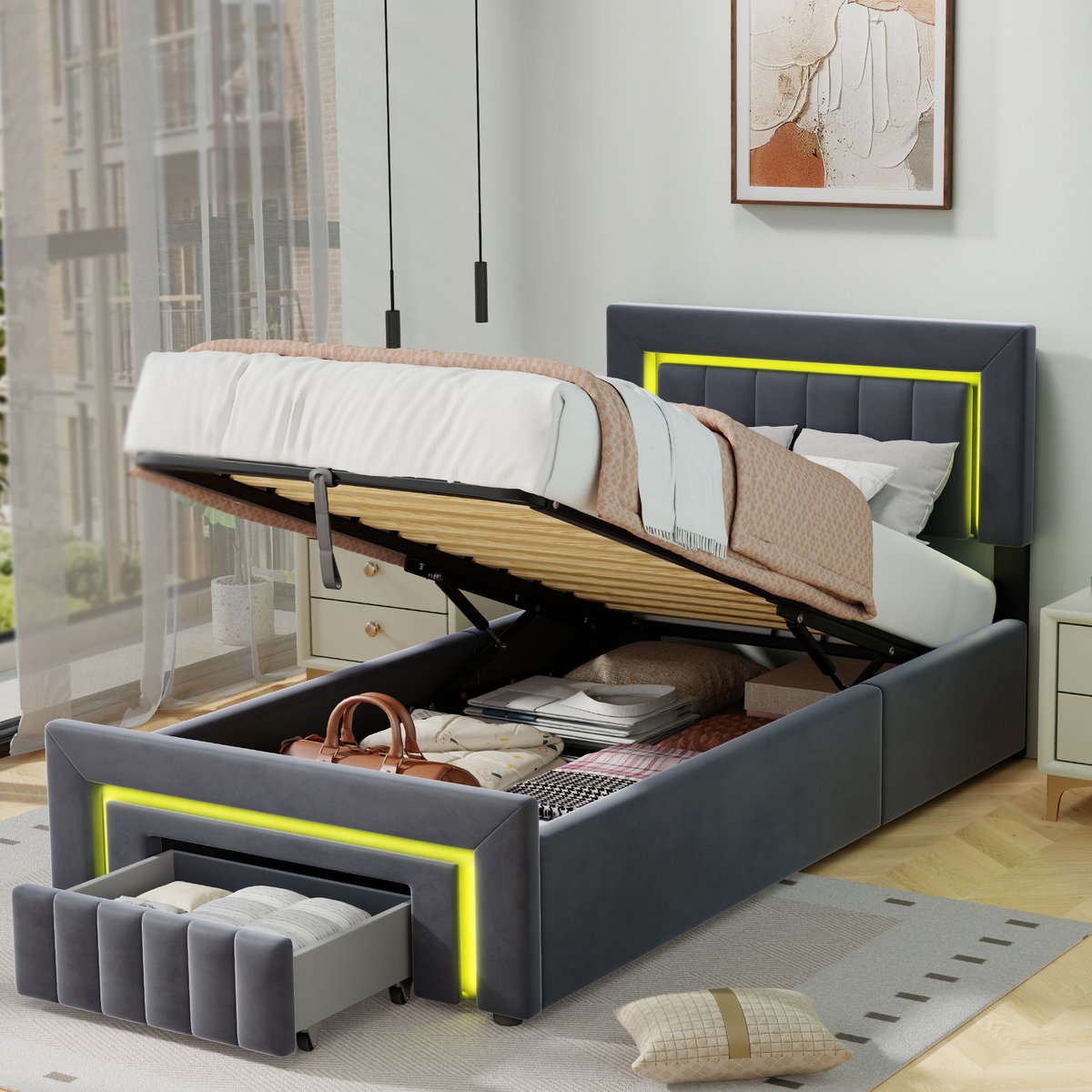 WUVRIE Gestoffeerd bed 90x200 cm met LED-verlichting, hydraulische opbergruimte en lade, grijs zwart