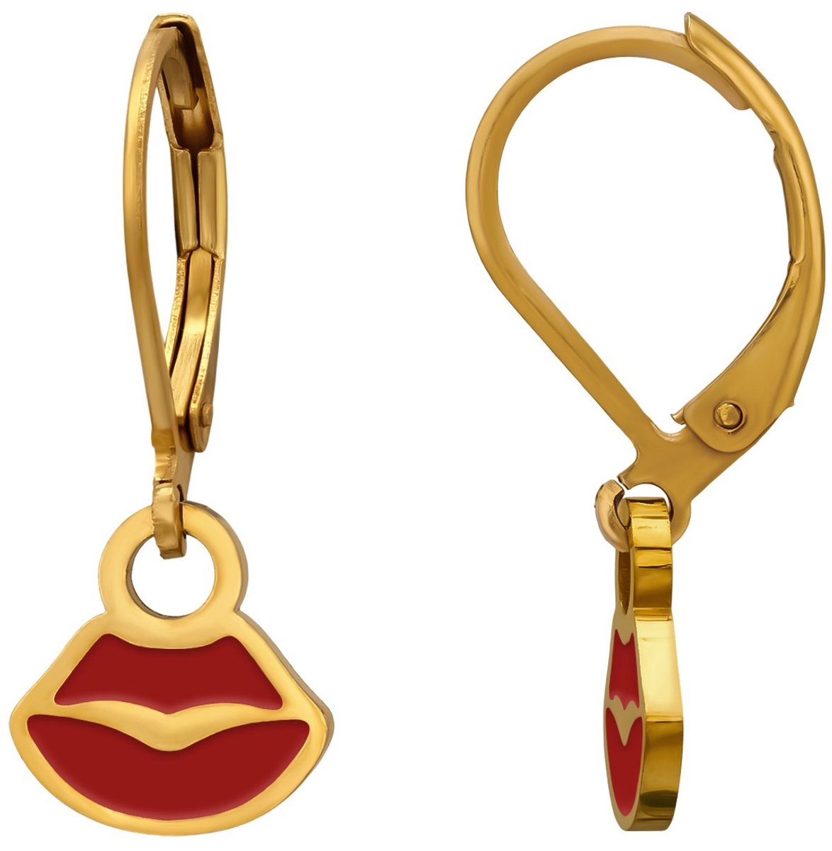 Joy|S - Lipjes bedel oorbellen - Brisure sluiting - Chirurgisch staal - ip/pvd gold plated - kussende lippen design met leverback - rood - kinderoorbellen