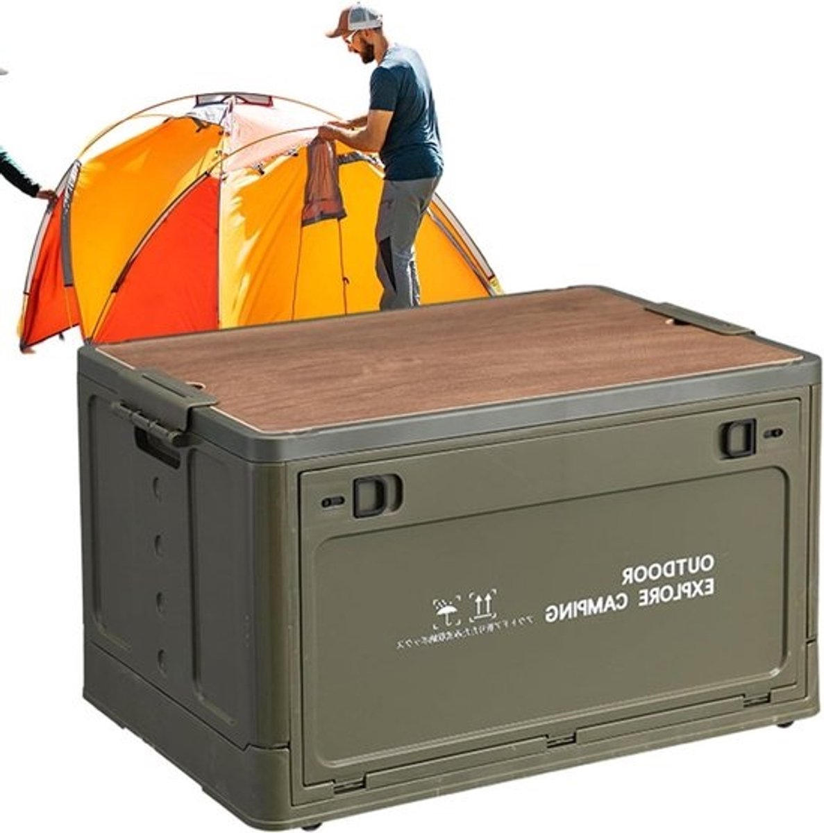 Opvouwbare Opbergbakken - Camping Opbergdoos - Outdoor Organisatie - Met Houten Deksel - 60L - Legergroen